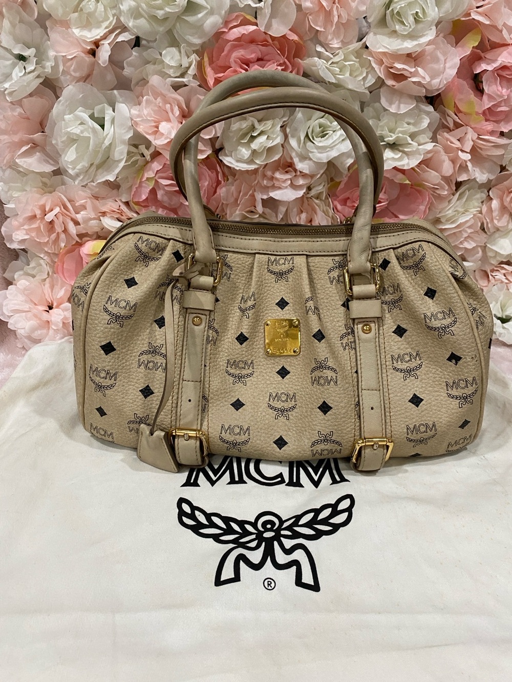 MCM Beige Visetos Logo Satchel with Gold Hardware